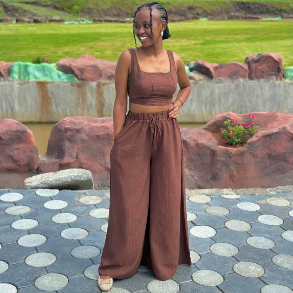 ZARA Womens African Solid Color Square Neck Camisole Sexy Crop Top Pants Set